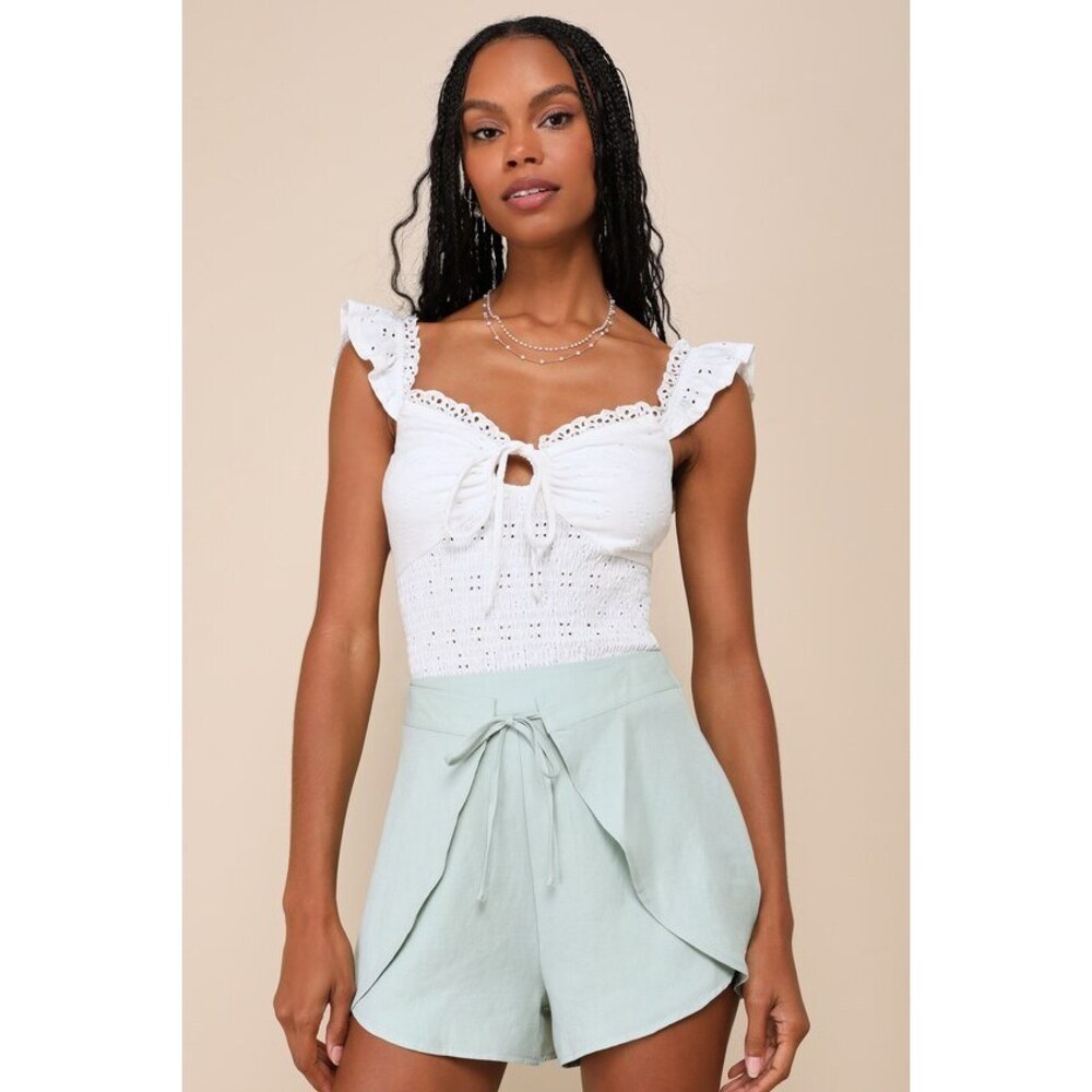Lulus Darling Essential Light Sage Tie-front High-rise Shorts Green - Size XS